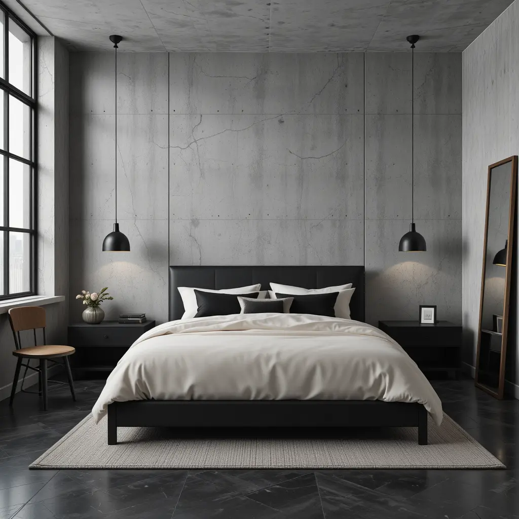Urban Black and Cream Bedroom with Exposed Concrete