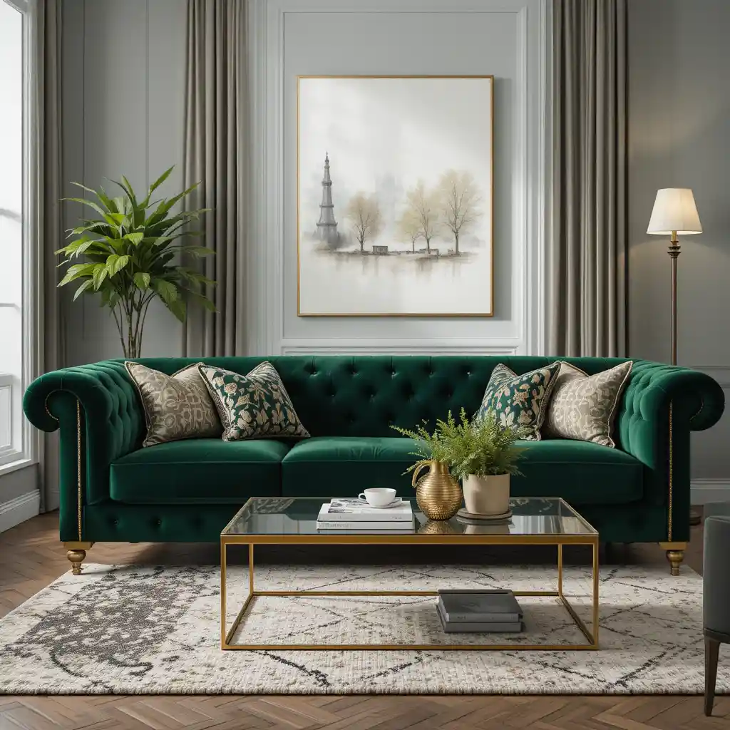 Velvet Green Sofa with Brass Accents