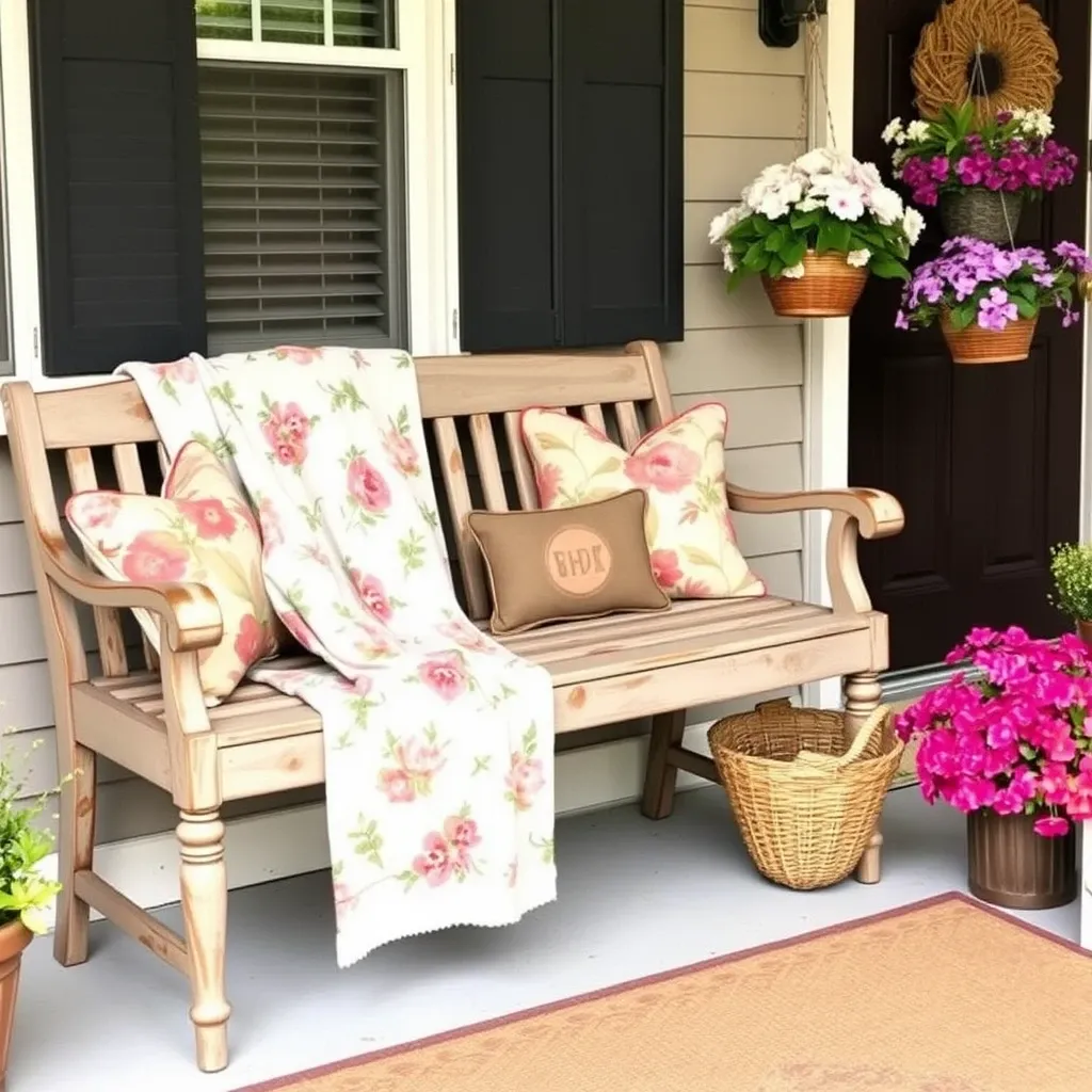 Vintage Bench with Floral Throw