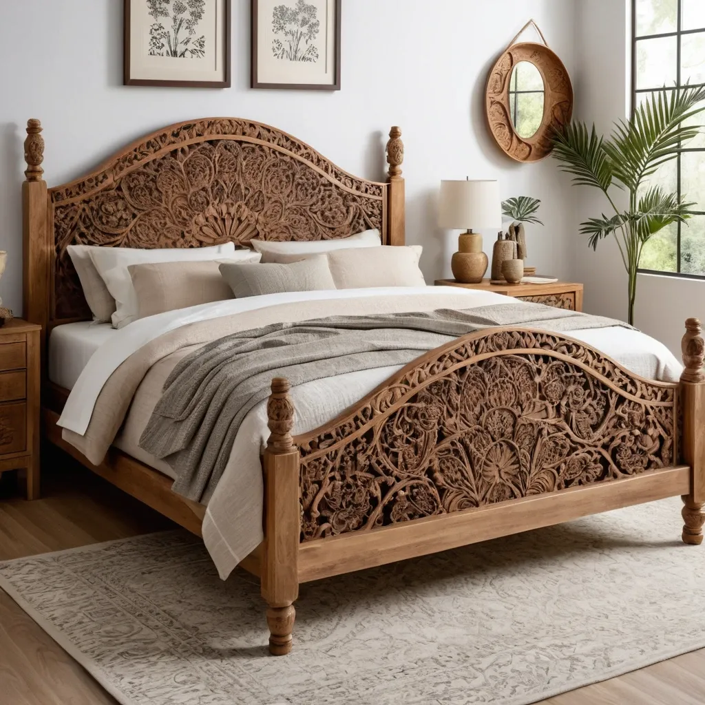 Wooden Bed Frame with Detailed Carvings