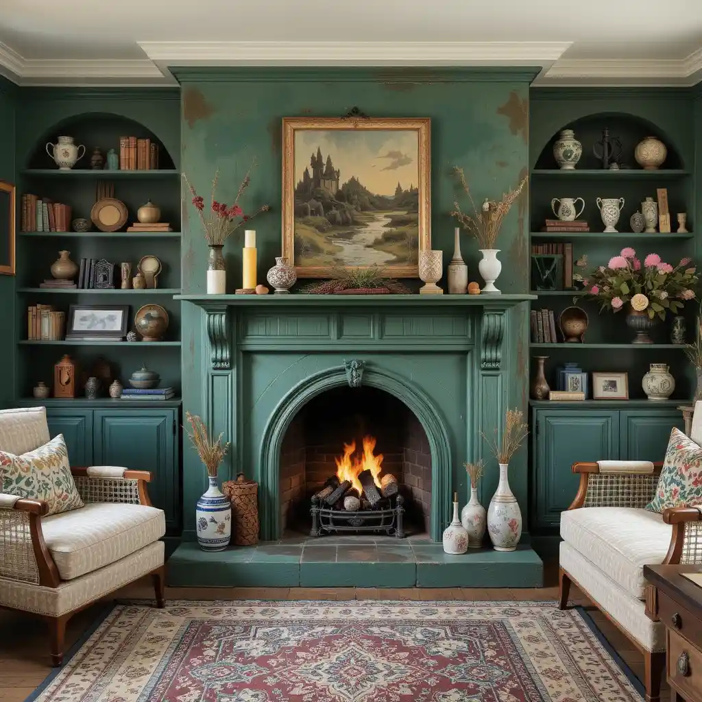 Aged Patina Green Fireplace for a Vintage Boho Look