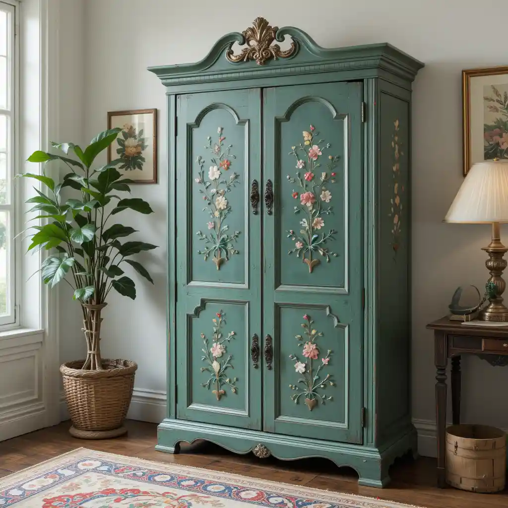 Antique Jade Green Cabinet with Hand-Painted Florals