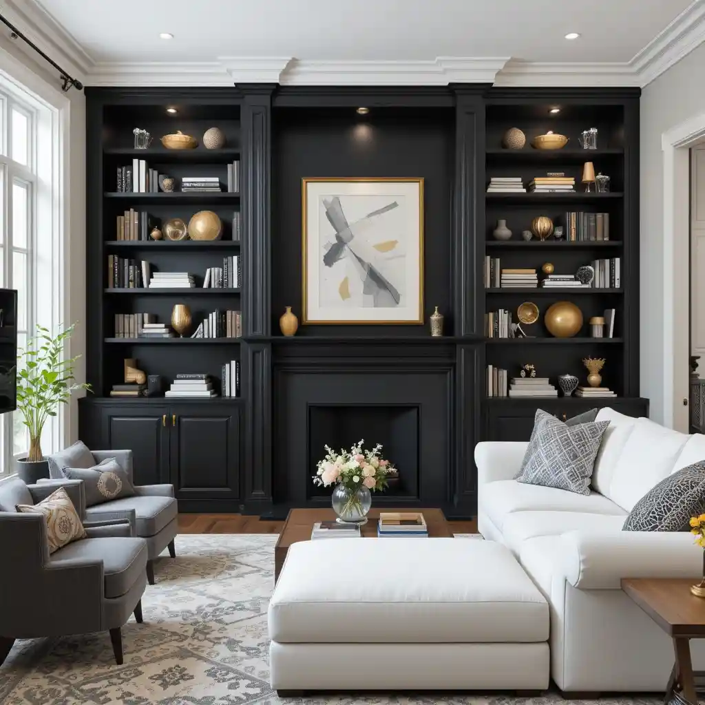 Black Bookshelves with Gold Accessories