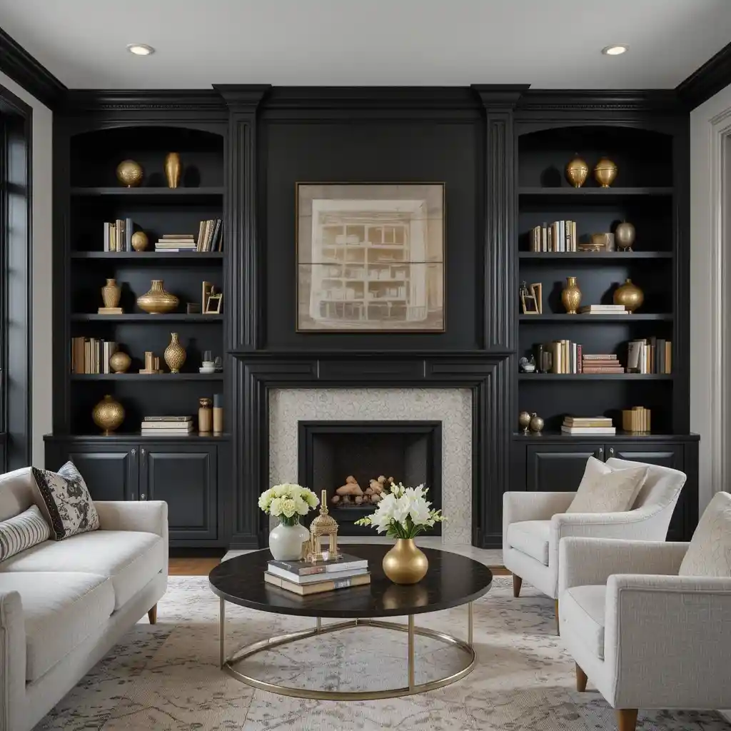 Black Built-In Bookshelves with Gold Accessories