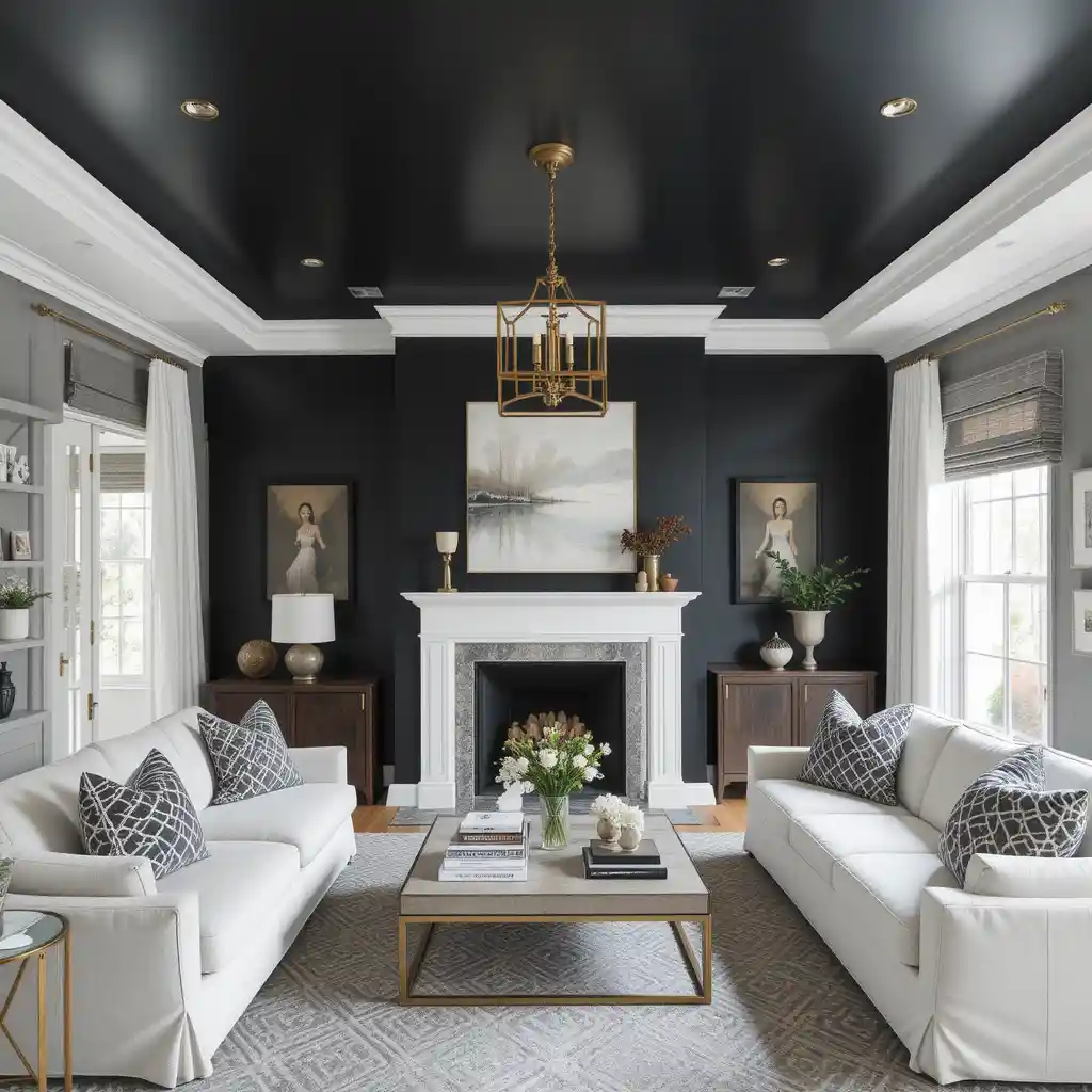 Black Ceiling with Gold Lighting Fixtures