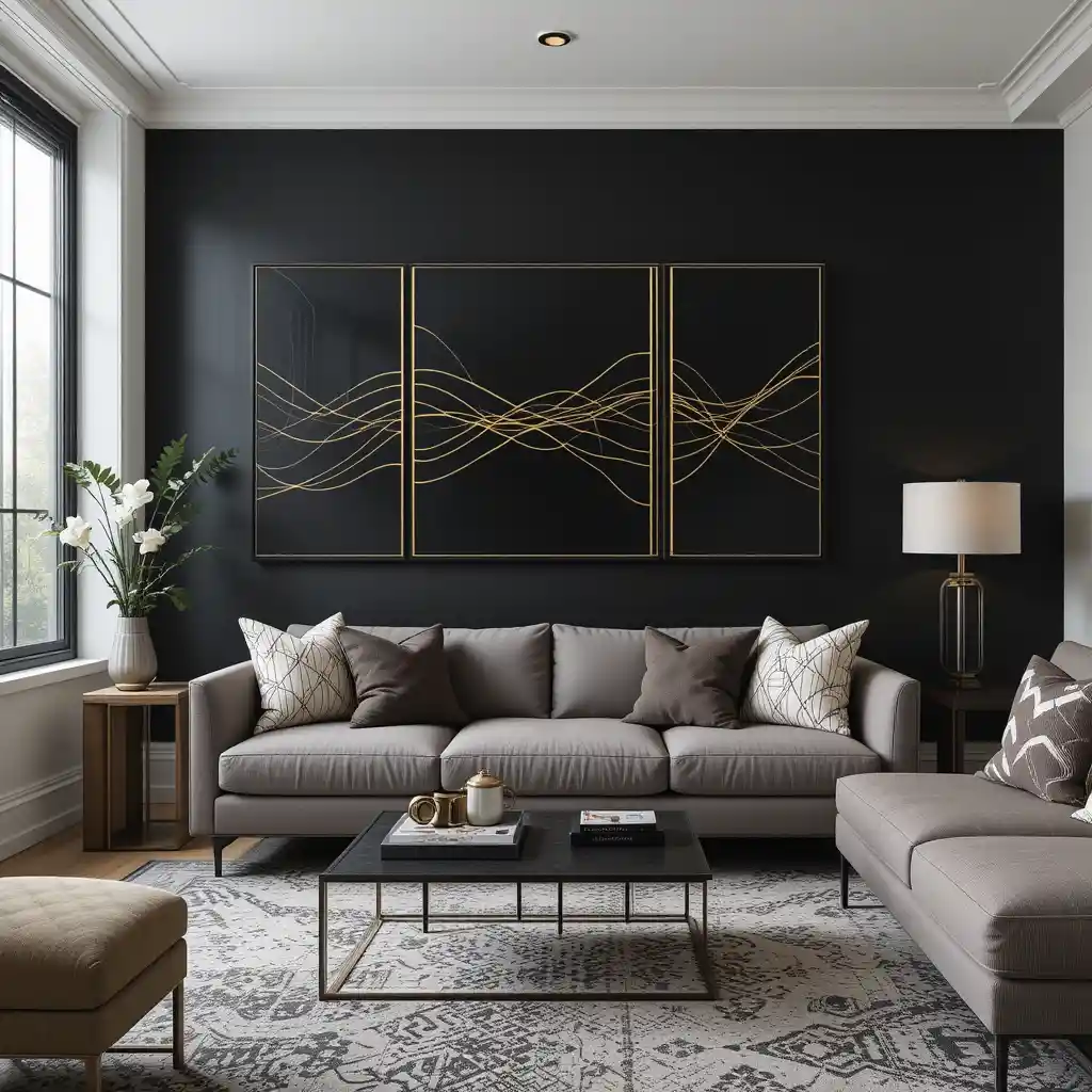 Black Feature Wall with Gold Line Art