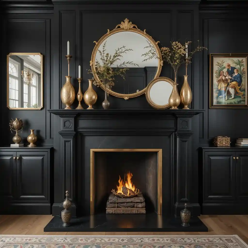 Black Fireplace with Gold Mantel Decor