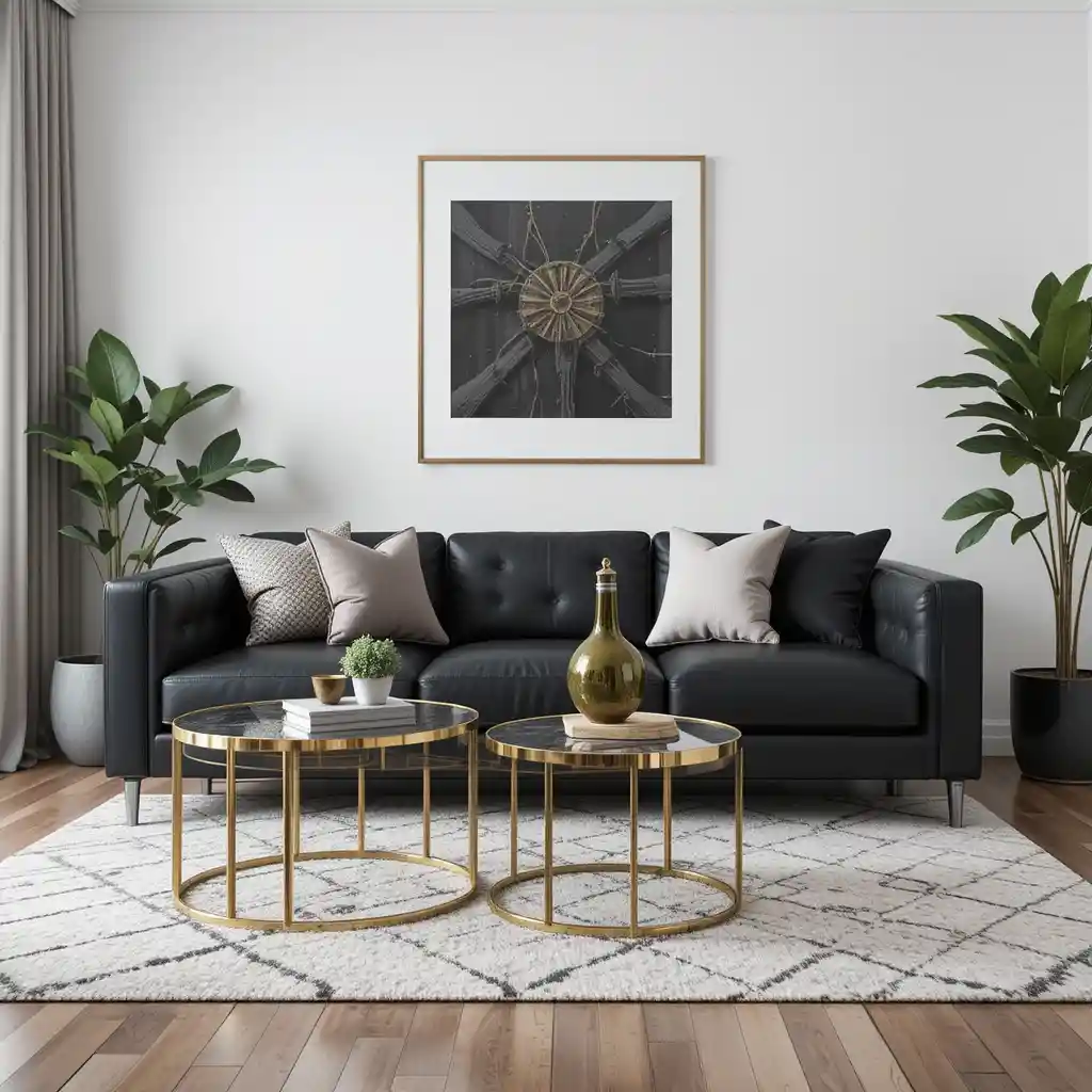 Black Leather Sofa with Gold Side Tables