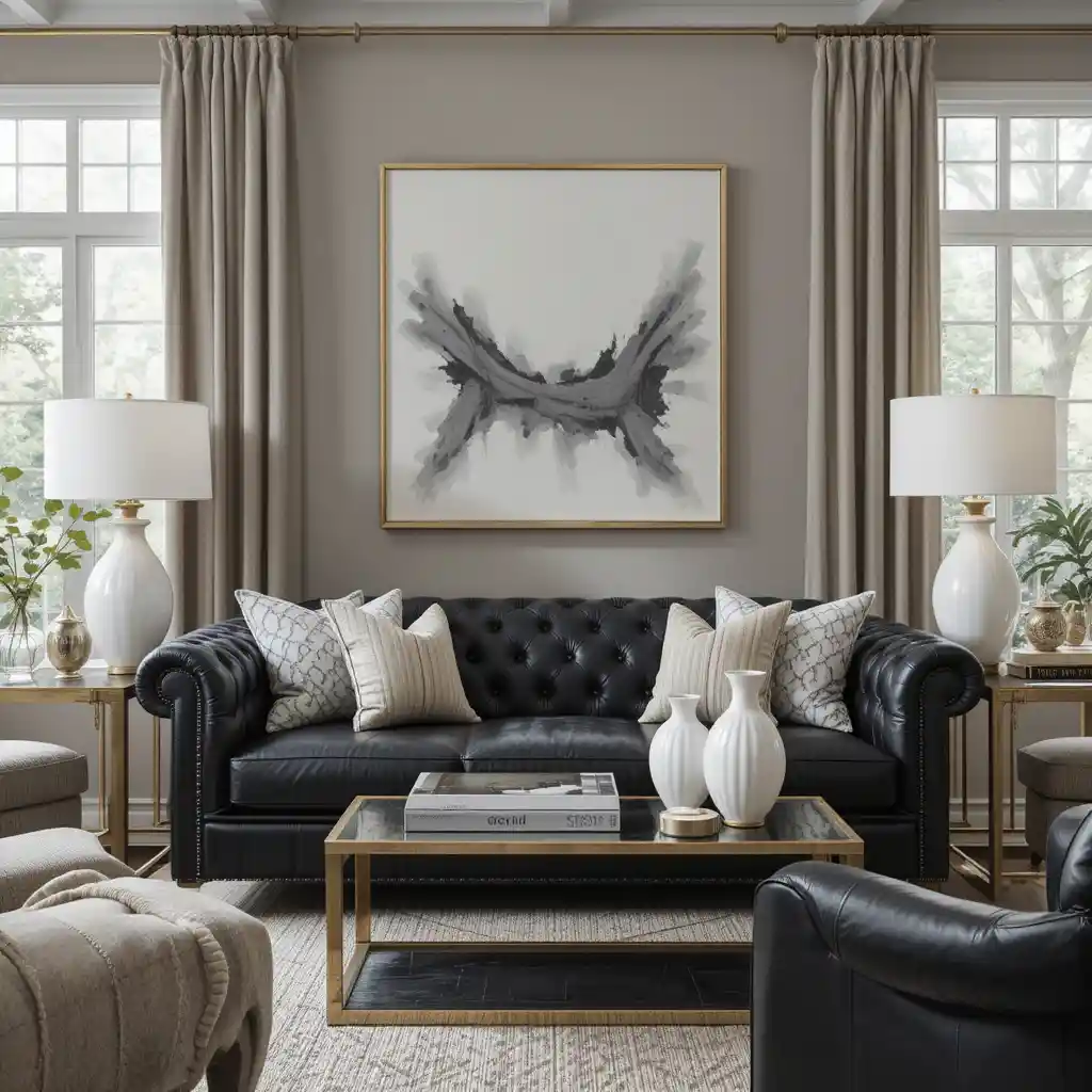Black Leather Sofas with Gold and White Decor