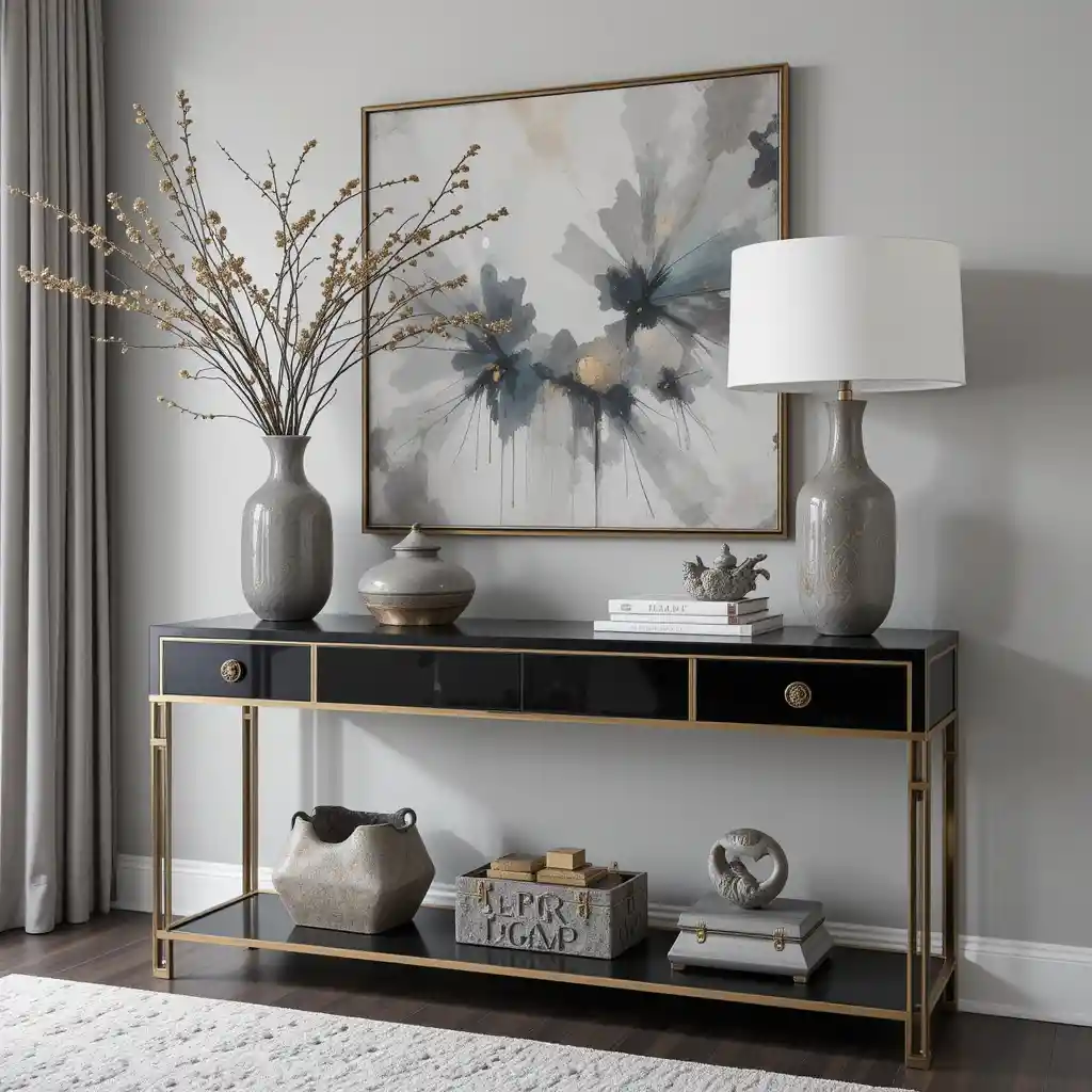 Black and Gold Console Table with Grey Decor