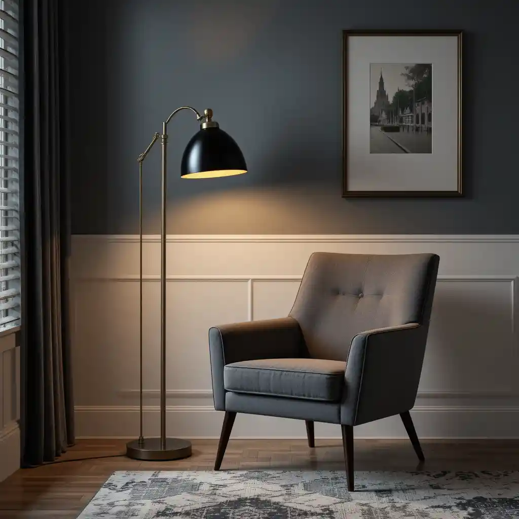 Black and Gold Floor Lamp Next to a Grey Armchair