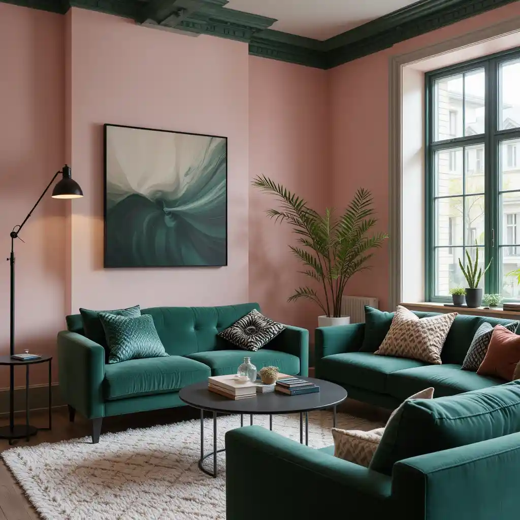 Blush Pink Walls with Deep Green Accents