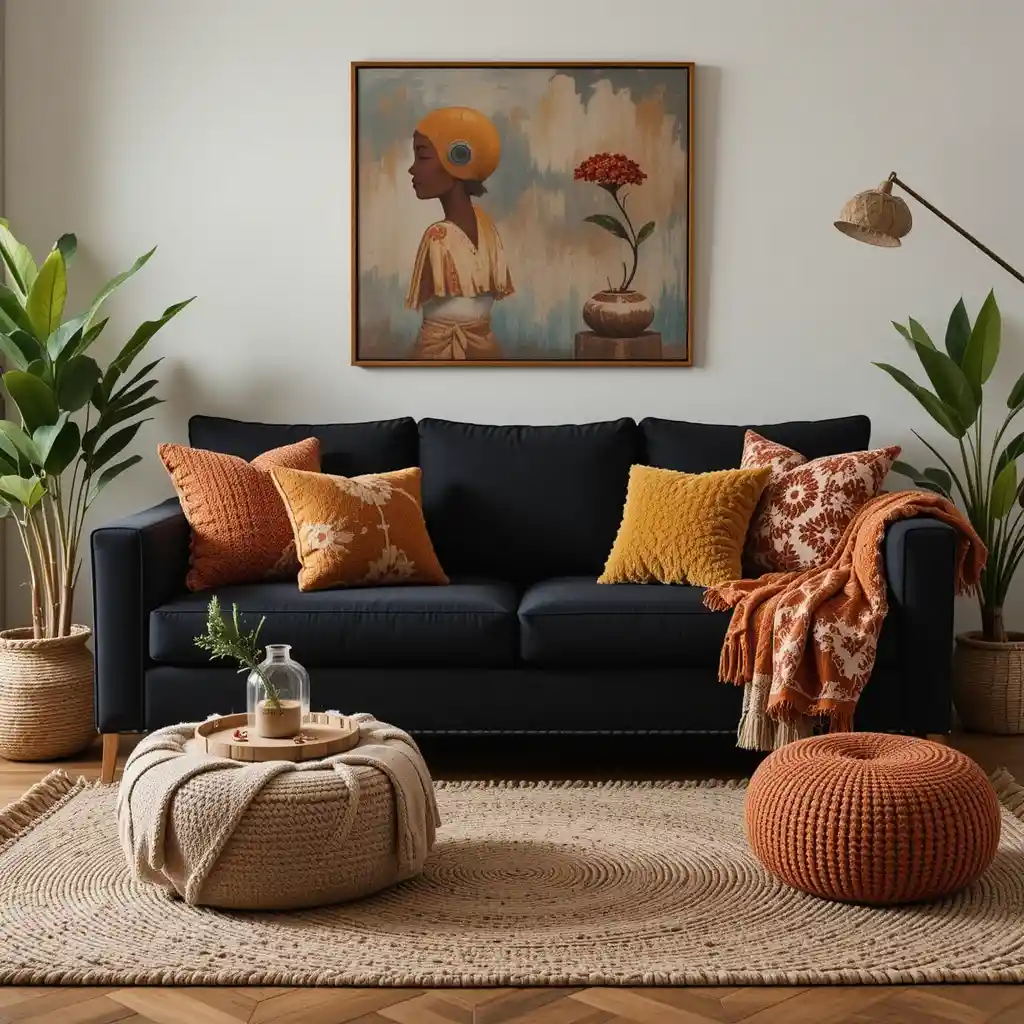 Boho Chic with Black Sofa and Warm Earth Tones