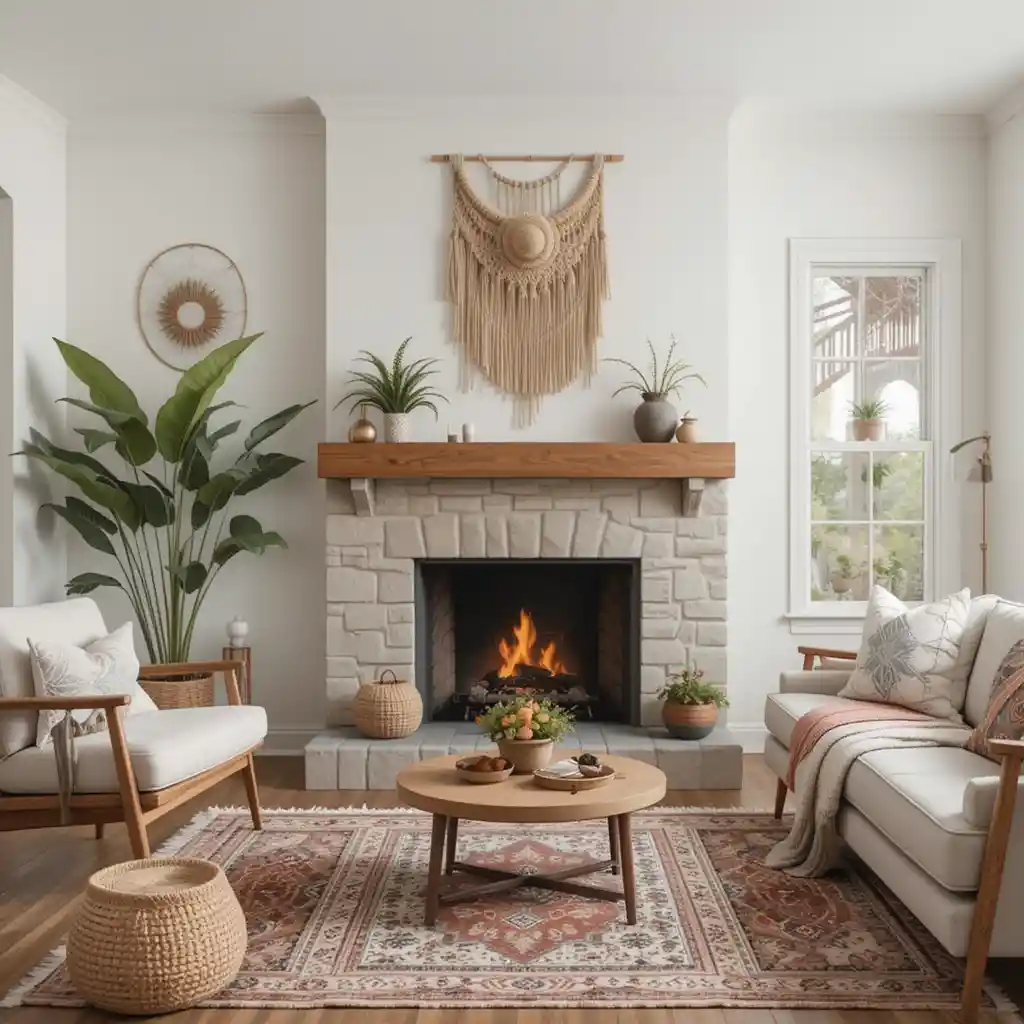 Boho-Inspired Fireplace with Layered Rugs