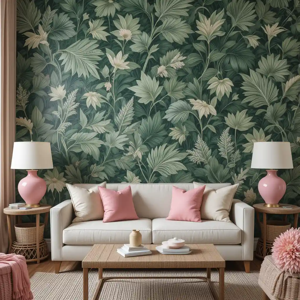 Botanical-Themed Green Wallpaper with Pink Decor