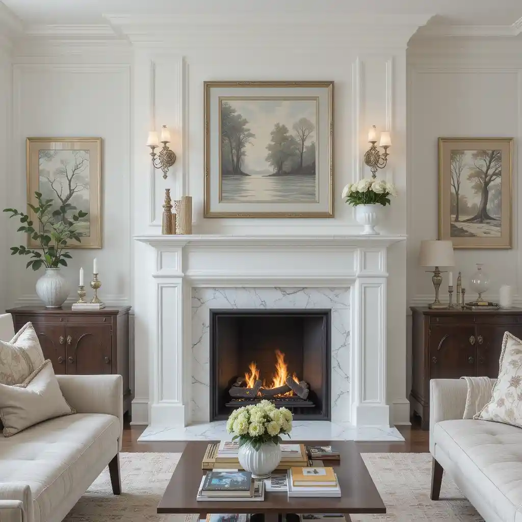 Classic White Mantel with Elegant Sconces