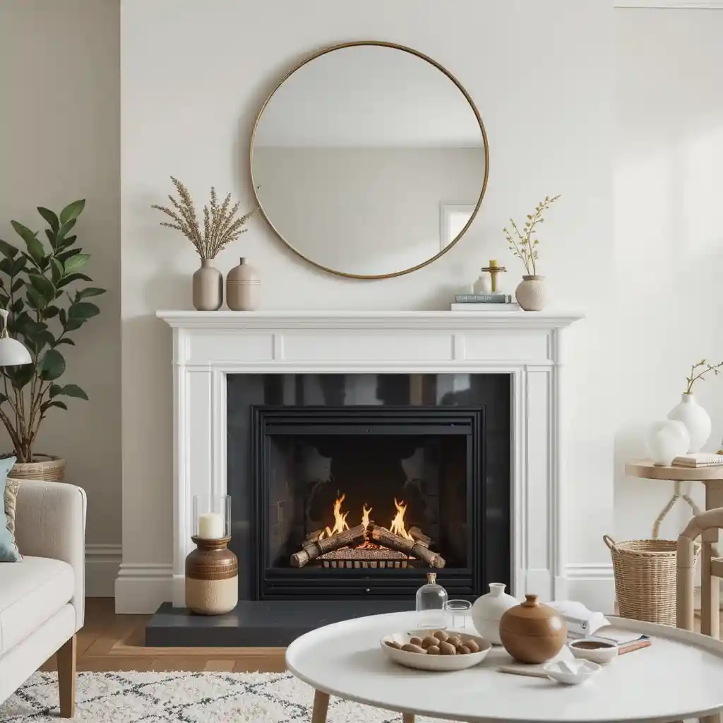 Compact Fireplace with a Round Mirror Accent