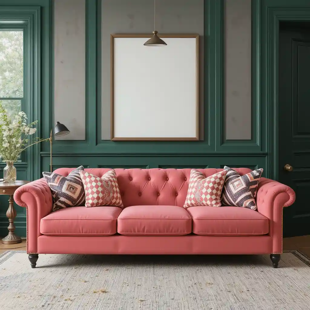 Coral Pink Sofa with Forest Green Trim