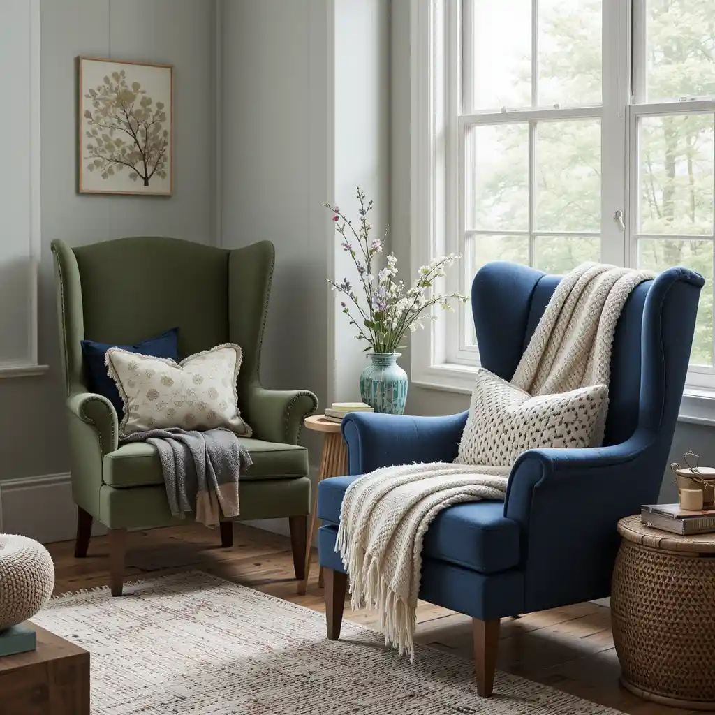 Cozy Reading Nook with Mismatched Blue and Green Armchairs