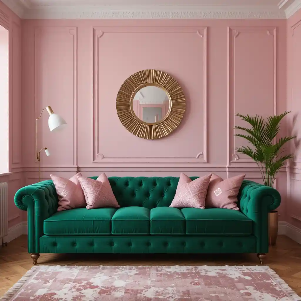 Deep Green Sofa with Pastel Pink Walls