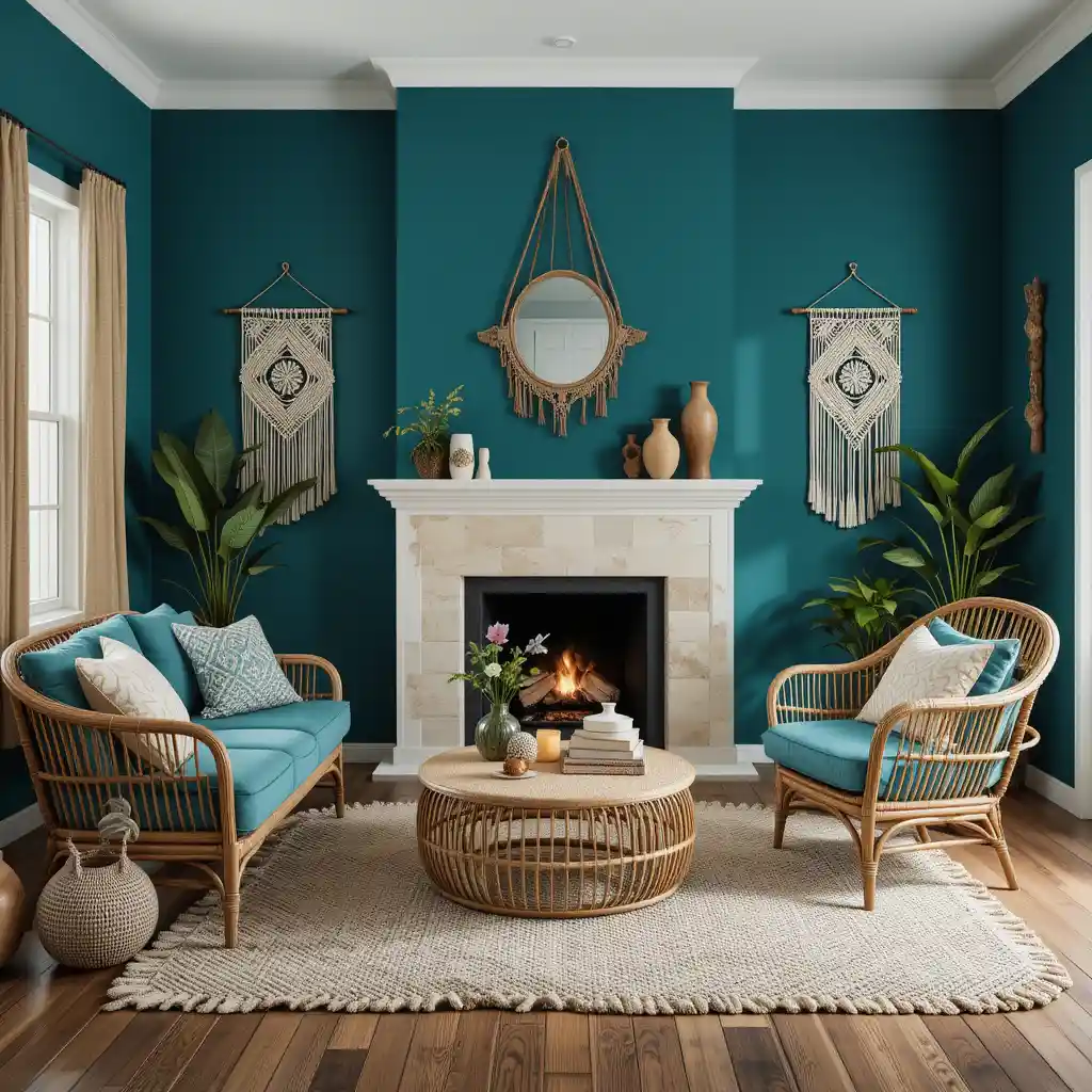 Deep Teal Walls with Rattan Accents