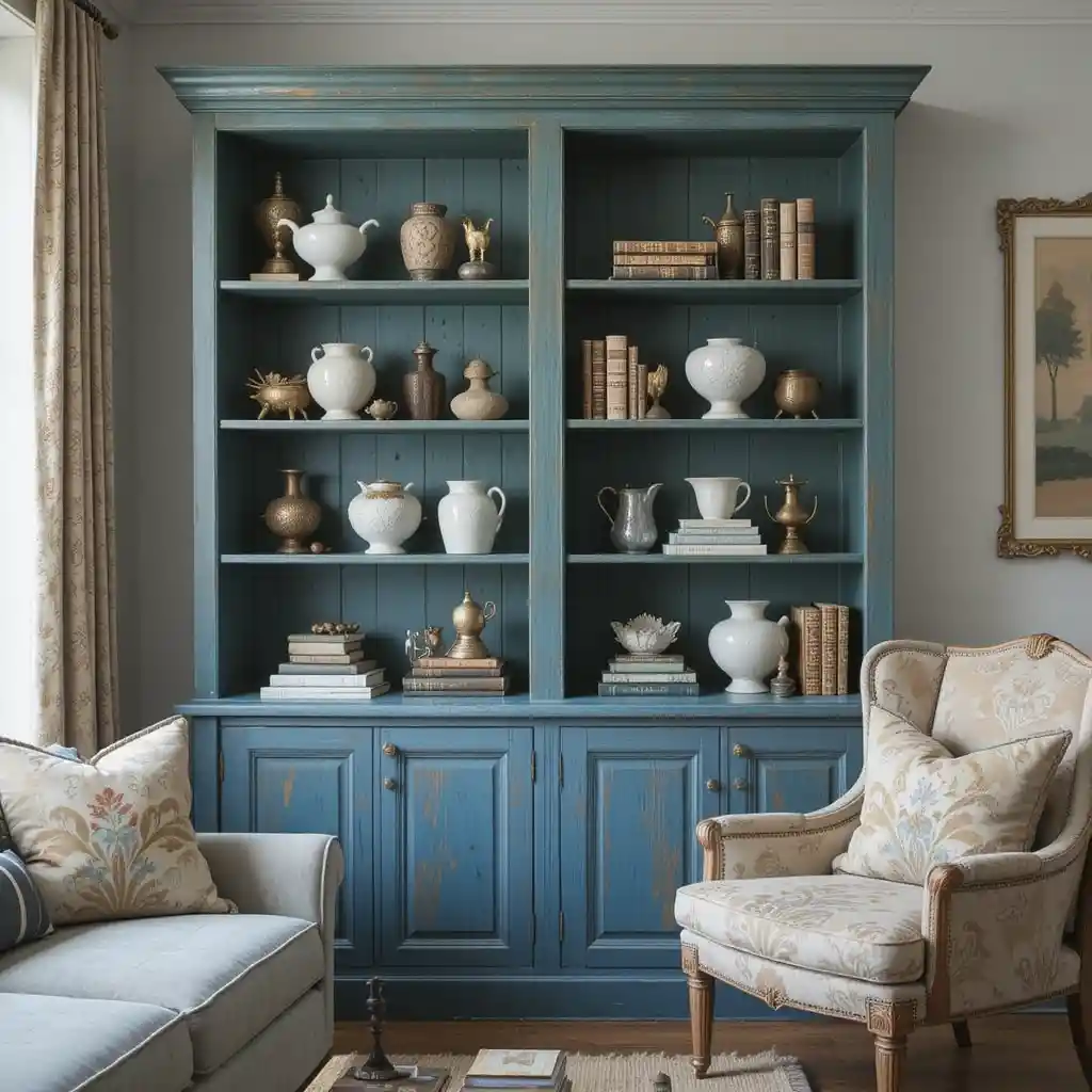 Distressed Blue and Green Bookshelves for an Artistic Touch