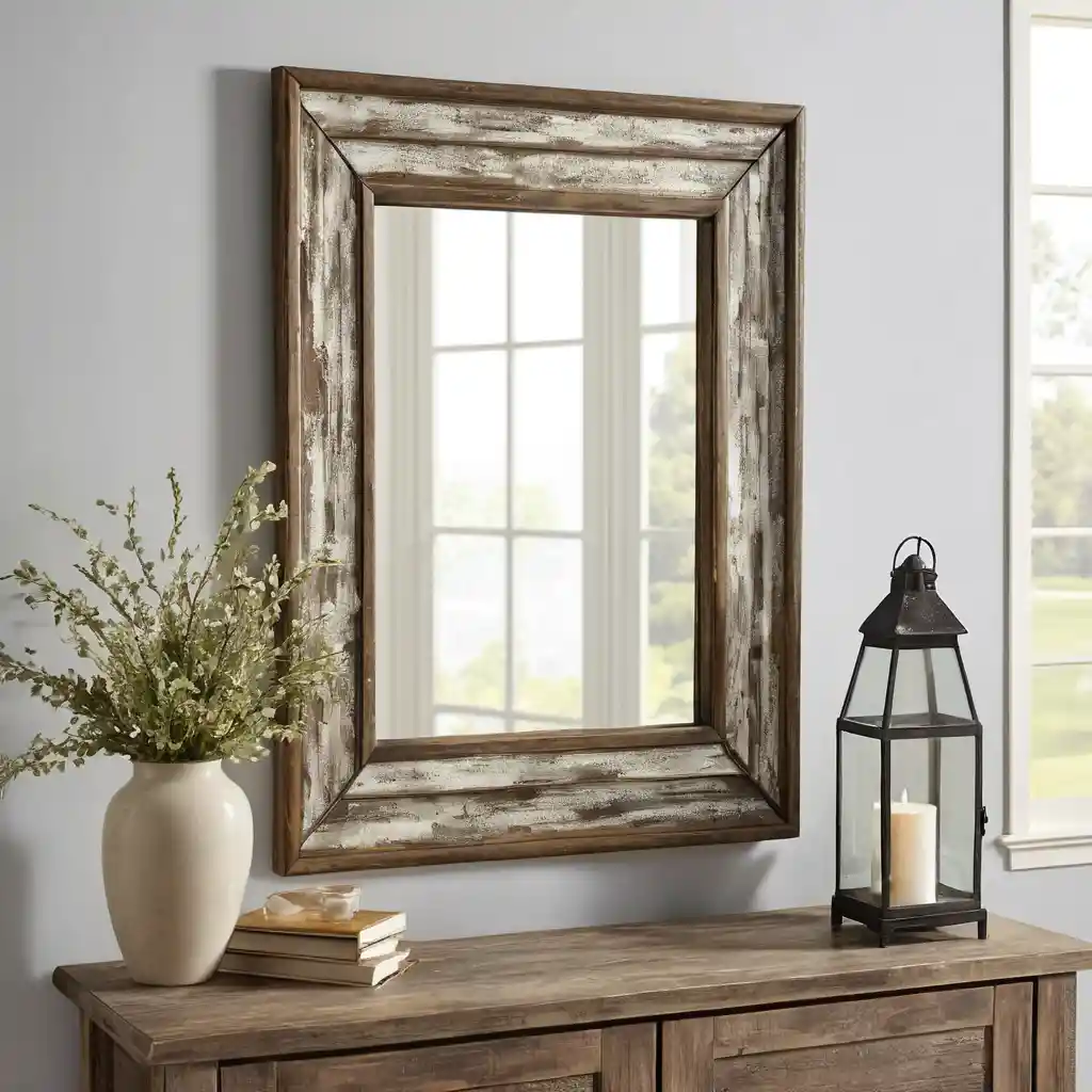 Distressed Wood-Framed Mirror for Rustic Charm