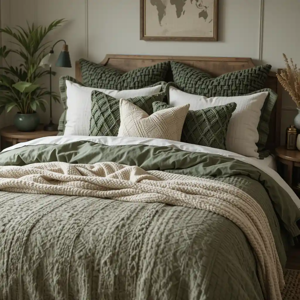 Earthy Green Bedding with Woven Textures