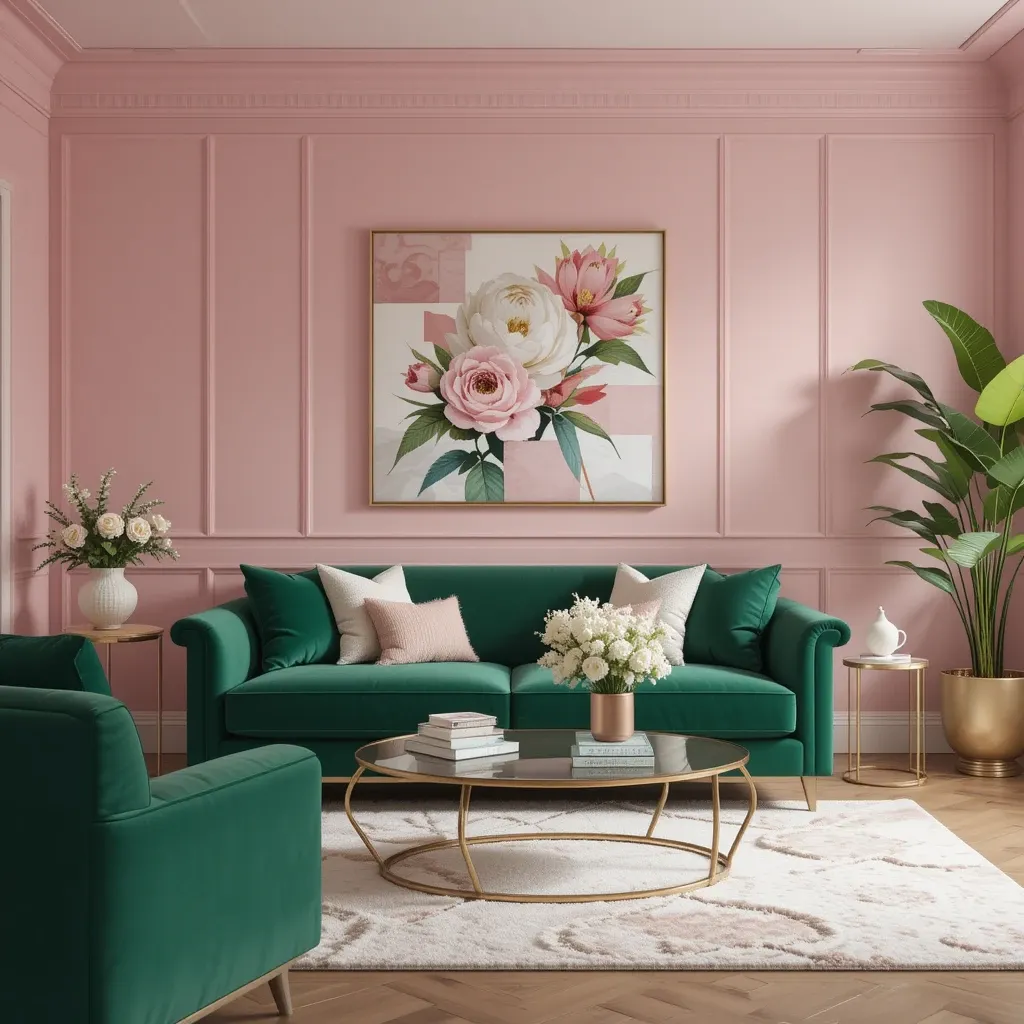 Emerald Green Velvet Sofa with Pale Pink Walls