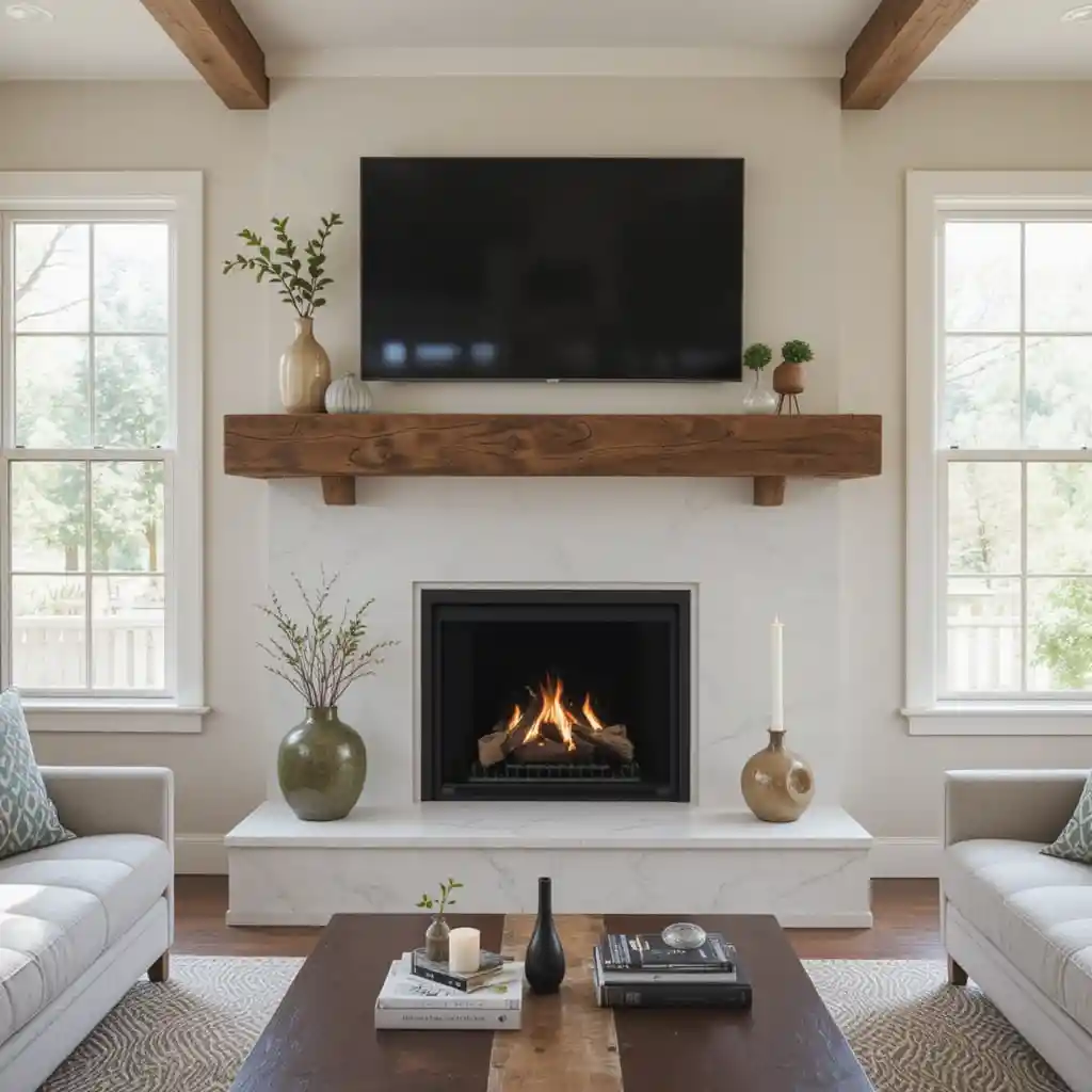Fireplace with Floating Wood Beam Mantel