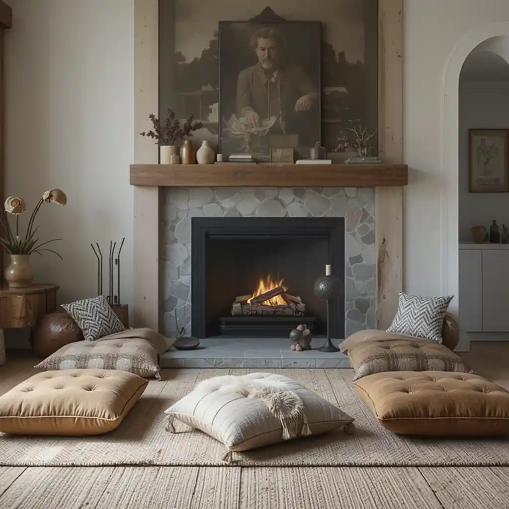Floor Cushions Around a Low Fireplace