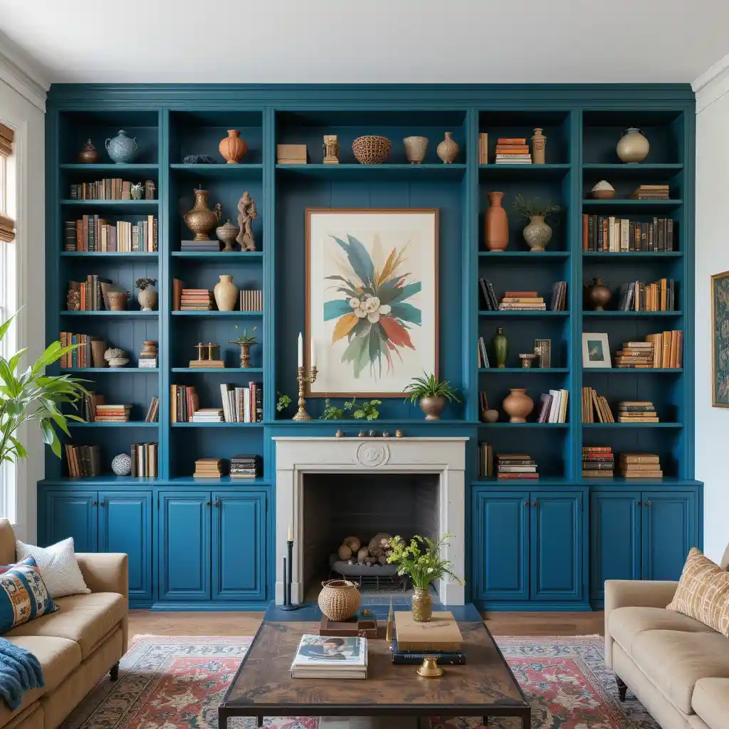 Floor-to-Ceiling Blue and Green Bookshelves with Boho Decor