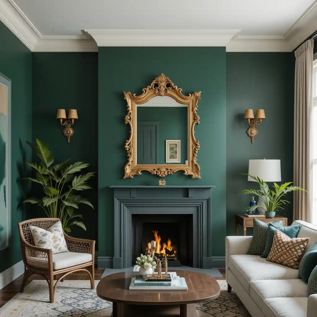 Forest Green Accent Wall with Gold Mirrors