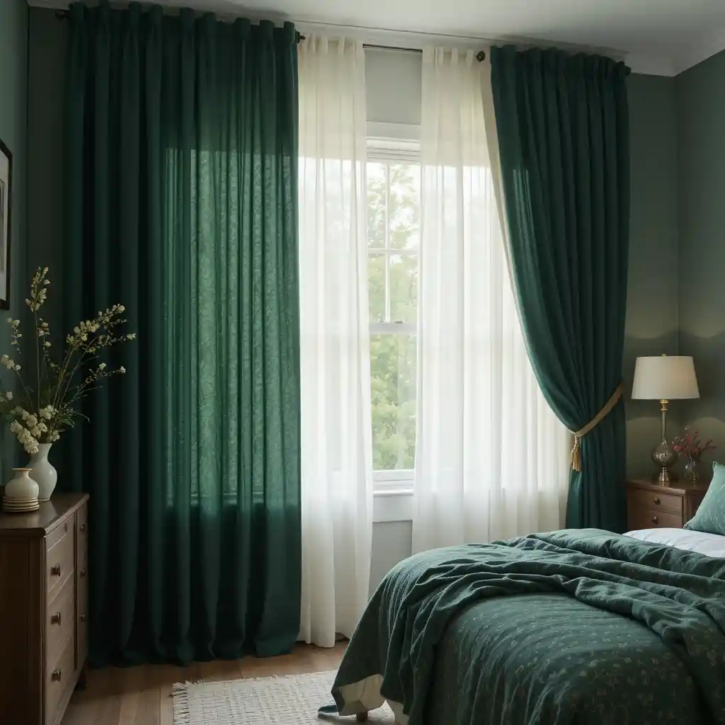 Forest Green Curtains with Sheer Layers