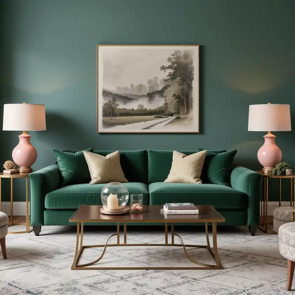 Forest Green Sofa with Soft Pink Lamps