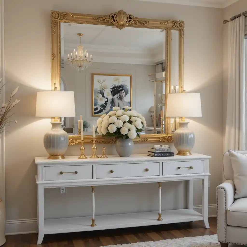 Gold-Framed Mirrors with White Console Table