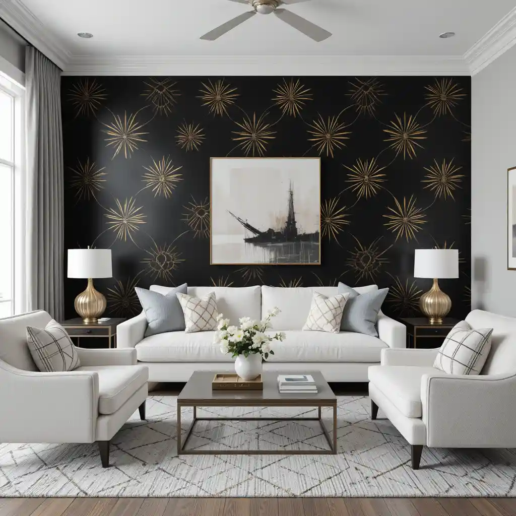 Gold Geometric Patterns on a Black Accent Wall