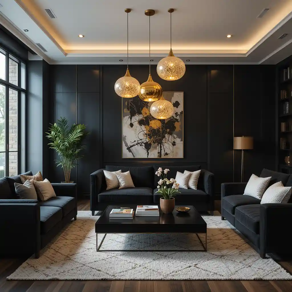 Gold Pendant Lights Over a Black Coffee Table