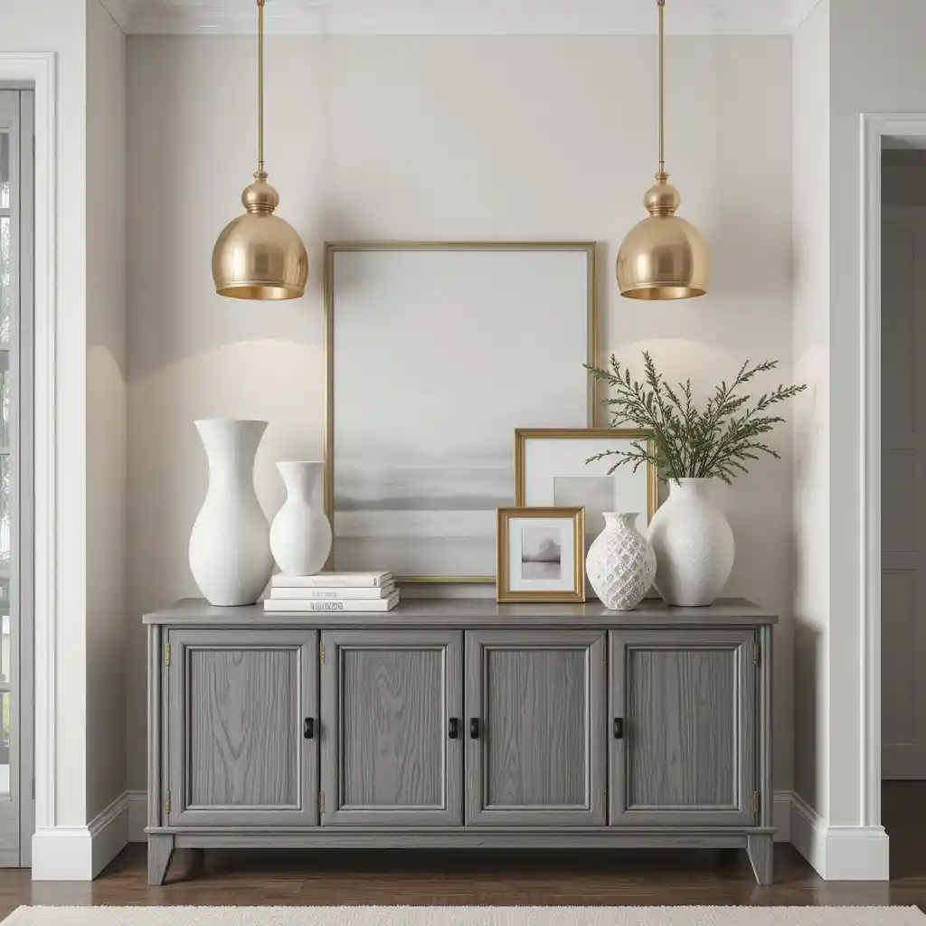 Gold Pendant Lights Over a Grey Console