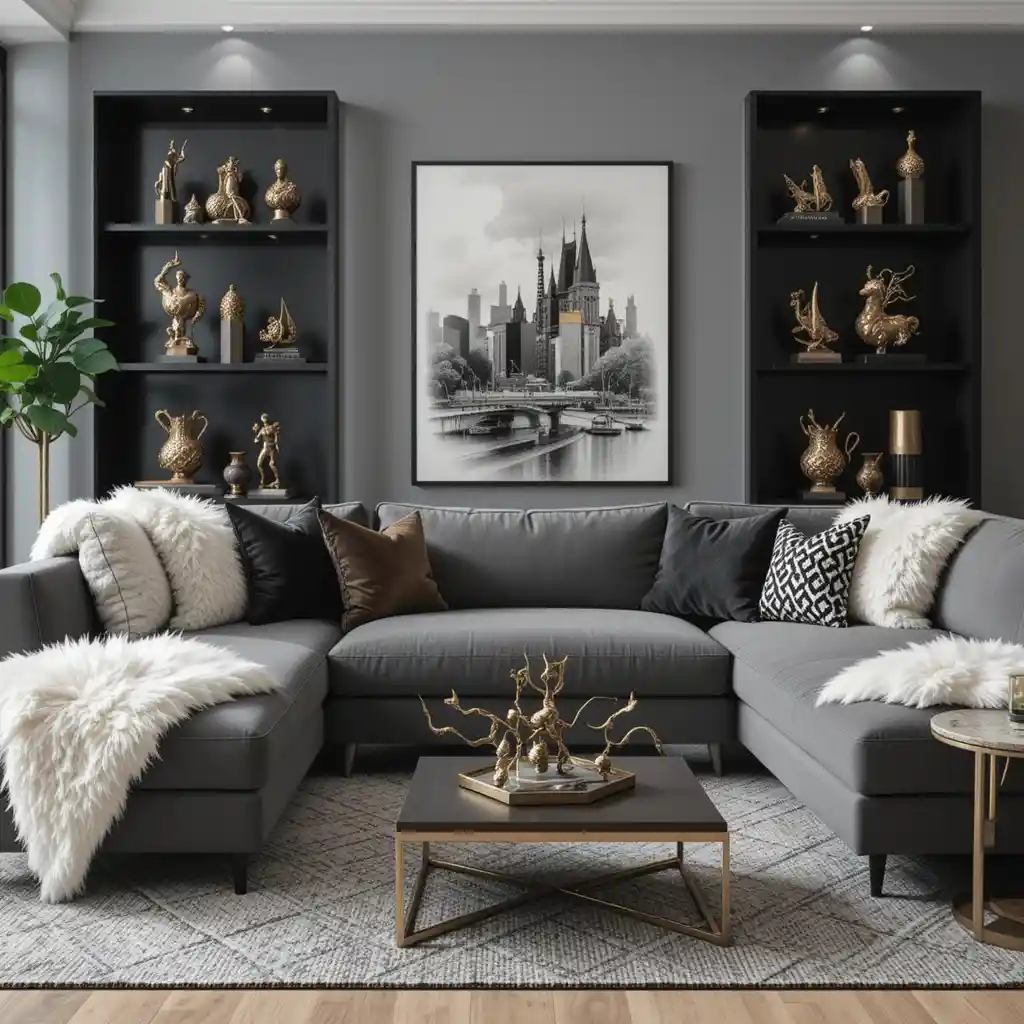 Gray Sectional with Black and Gold Accents