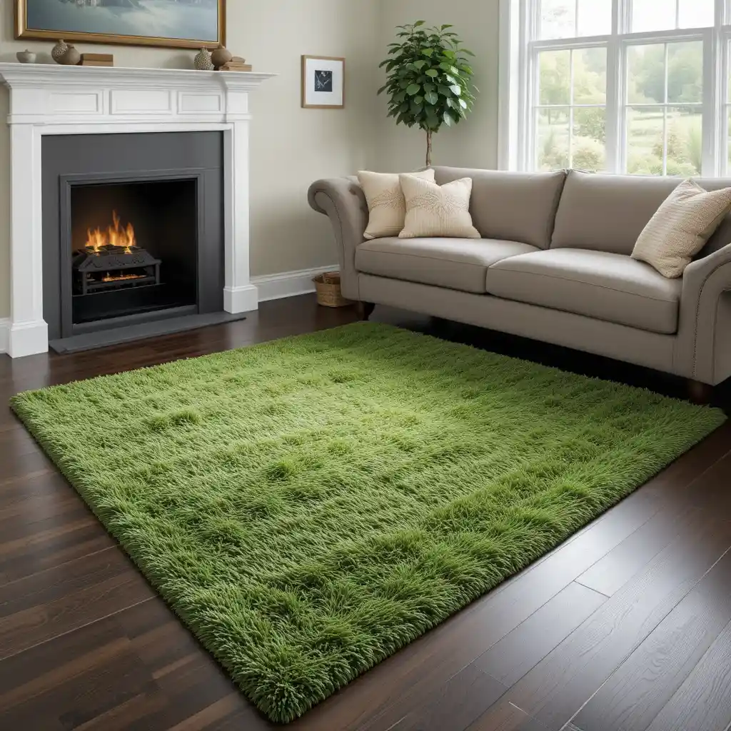 Green Area Rug on Dark Wood Flooring
