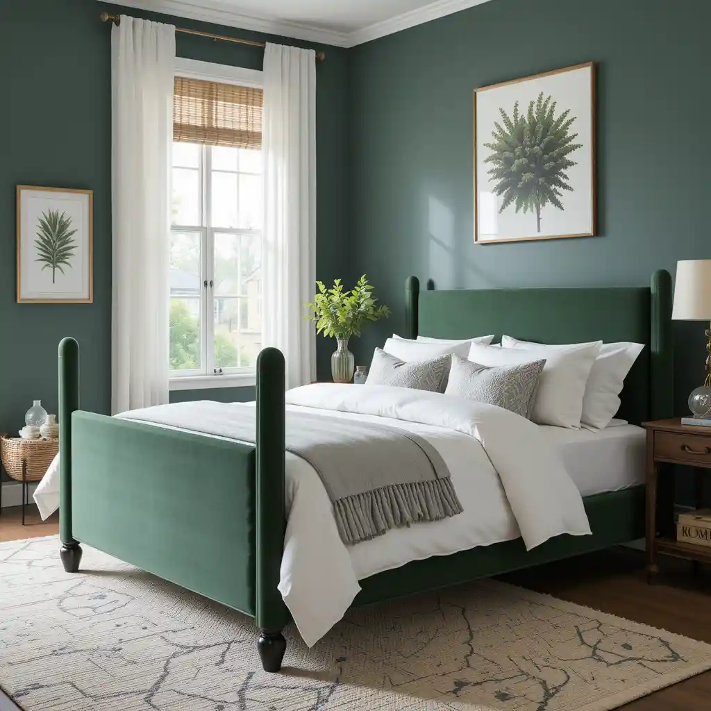 Green Bed Frame with White Linens