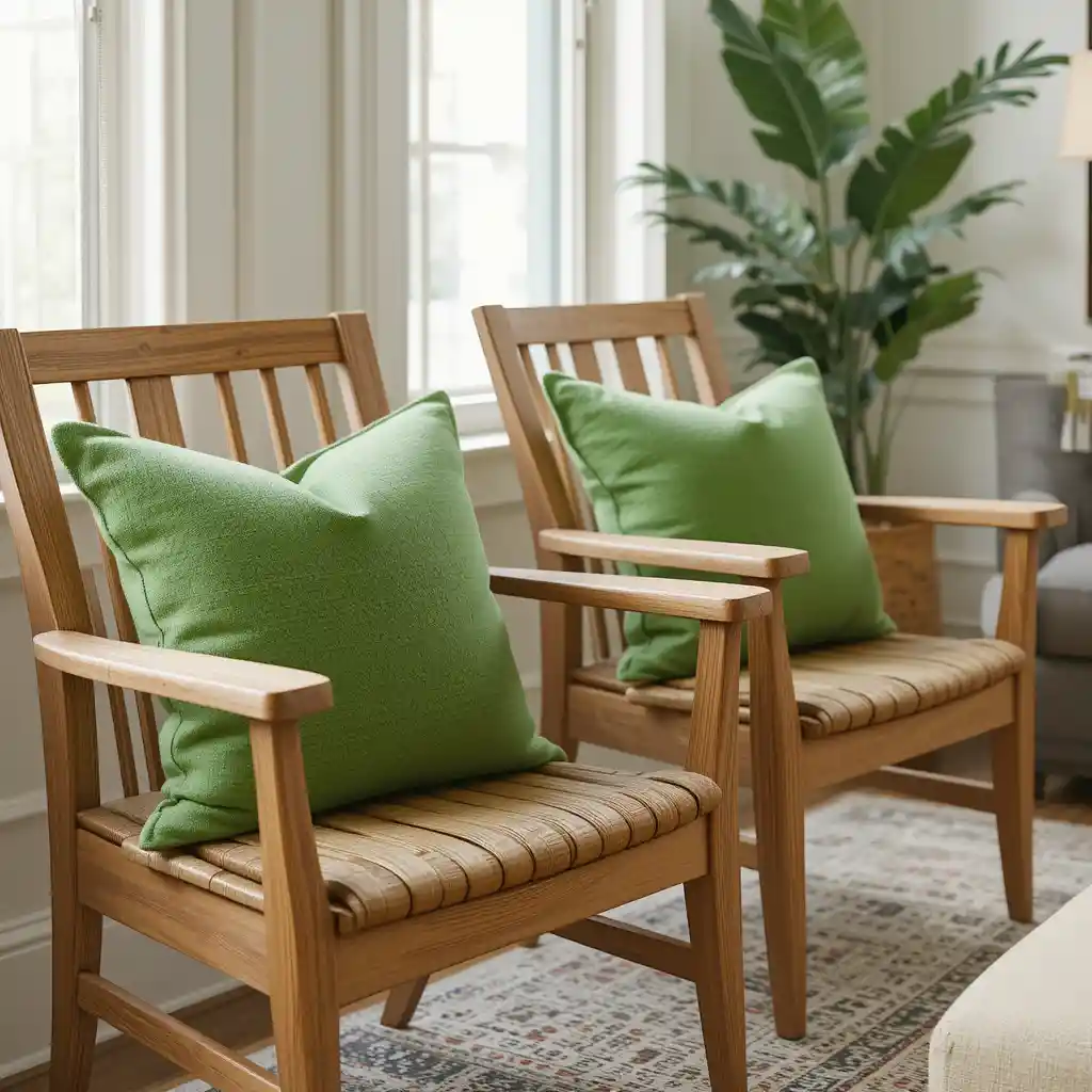 Green Throw Pillows on Wooden Chairs