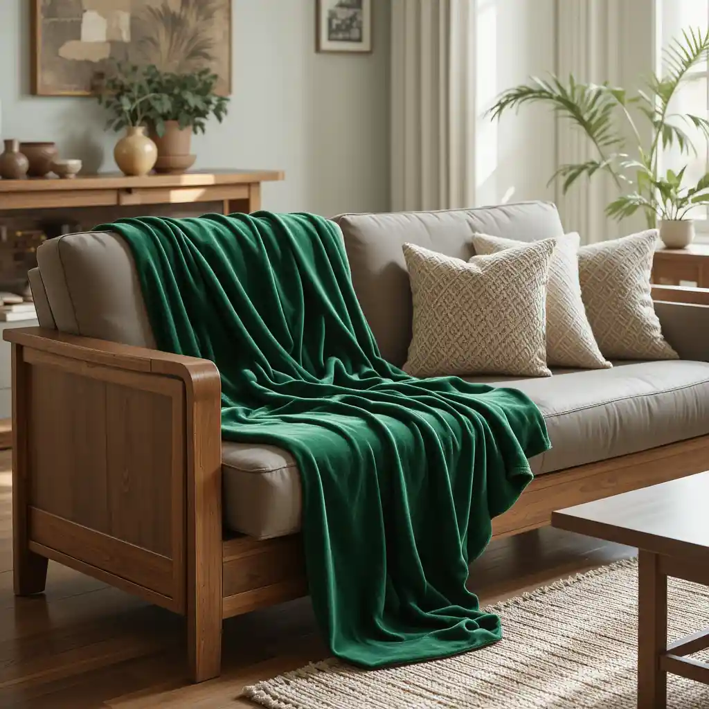 Green Velvet Throw Blankets on Wooden Furniture