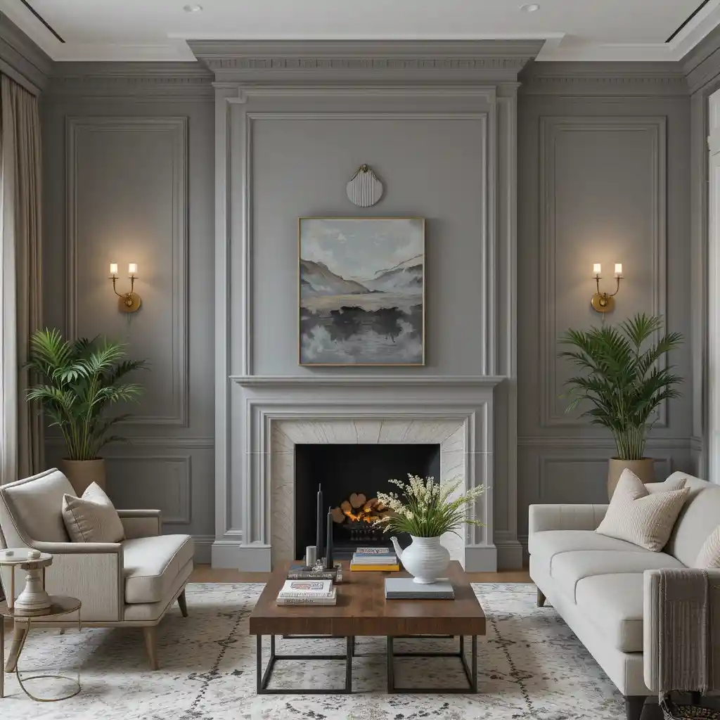 Grey Paneled Accent Wall with Gold Sconces