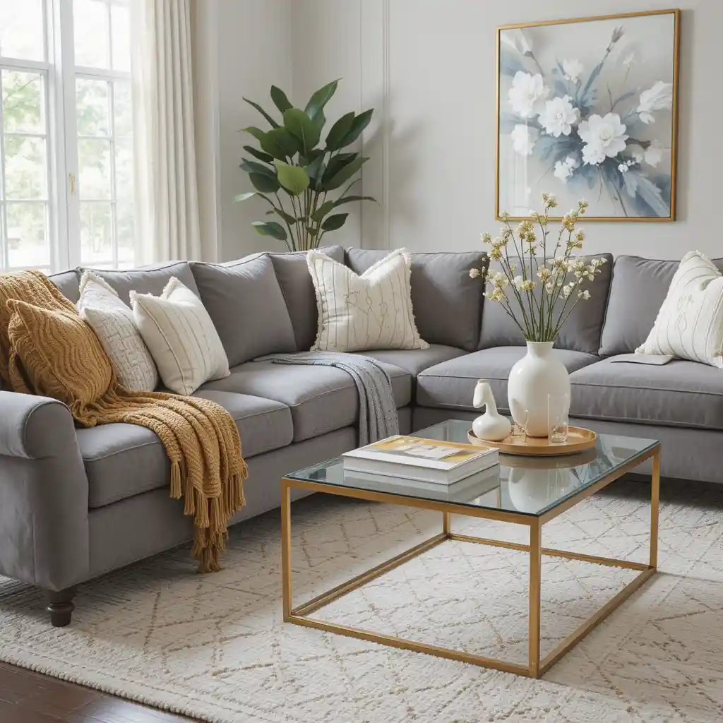 Grey Sectional with Gold and White Throw Blankets