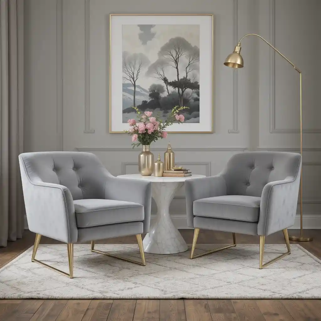 Grey Velvet Armchairs with Gold Legs