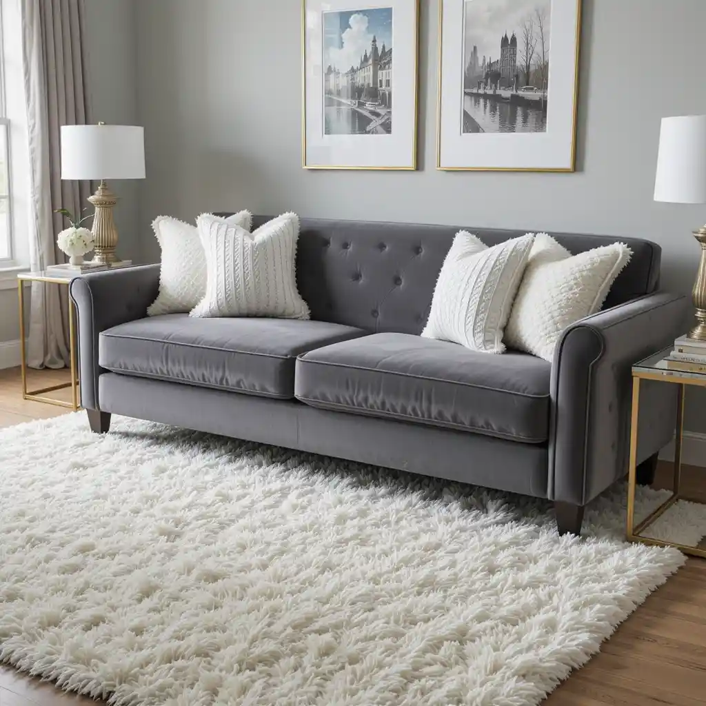 Grey Velvet Sofa with White Pillows