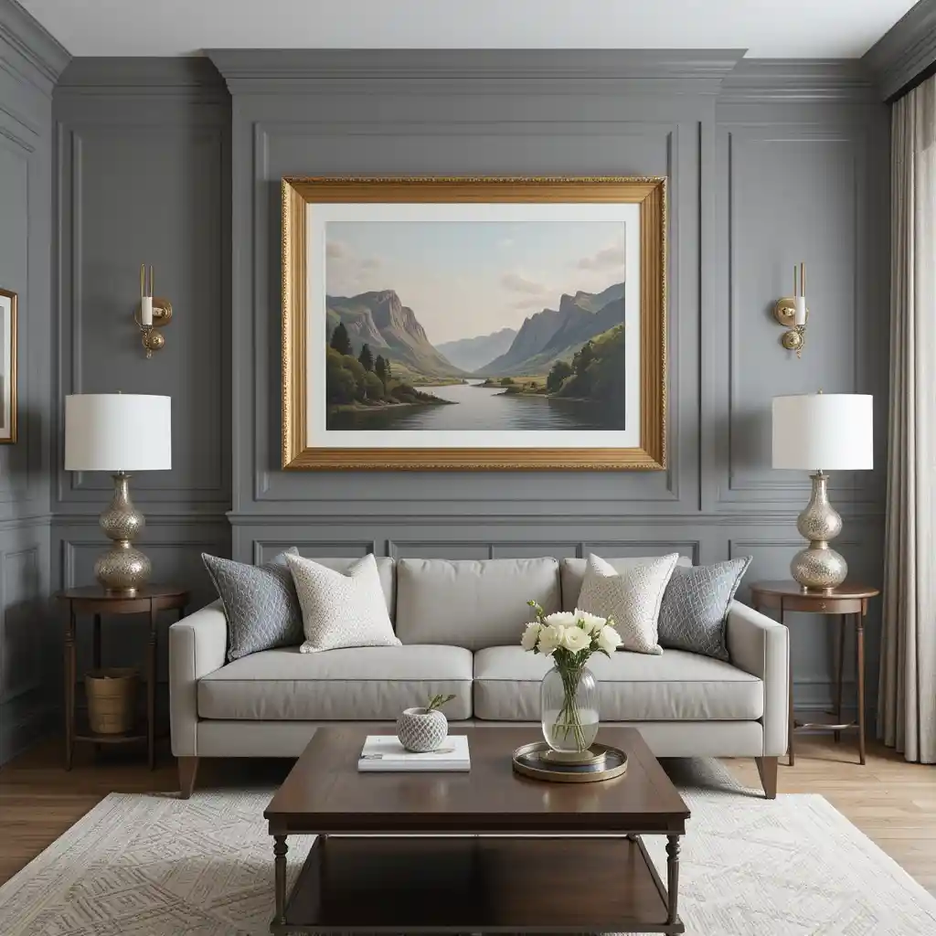 Grey Wainscoting with Gold Framed Artwork