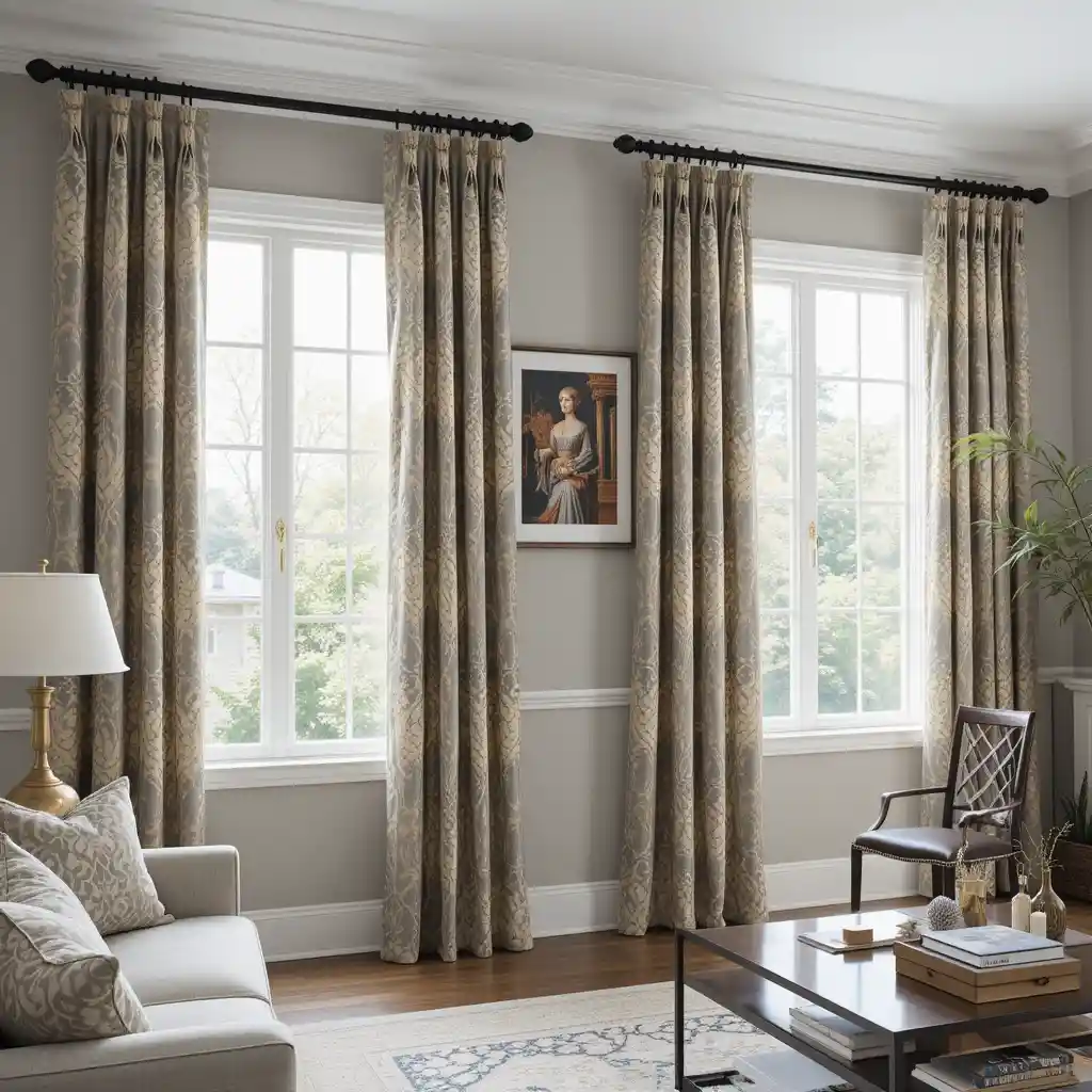 Grey and Gold Damask Curtains with Black Rods